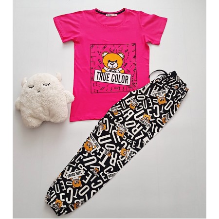 Pijama dama ieftina bumbac lunga cu pantaloni lungi negri si tricou roz cu imprimeu Urs True Color